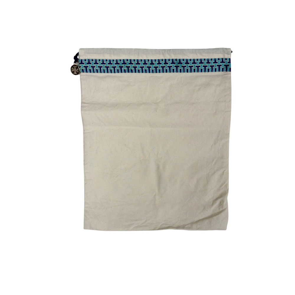 Tory Burch Dust Bag Large Cream Speckled Canvas Blue Logo Trim Gold Charm Luxury